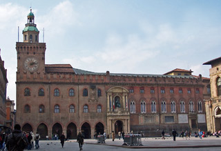 City Hall and Clock Tower in Piazza Maggiore, Bologna.