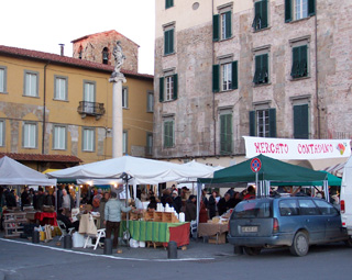 Farmers' Market in Piazza del Erbe, Pisa, Italy.