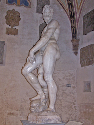 "Oceano" (visible veins in his legs) by Giambologna at the Bargello, Firenze, Italy.