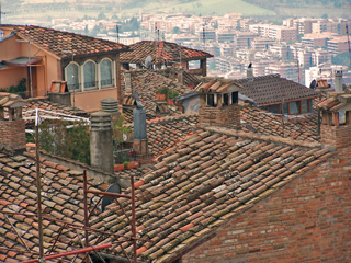 Old and new city views from rooftop of Hotel Fortuna, Perugia, Italy.