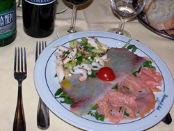 Antipasto of smoked salmon & tuna, octopus & shrimps at La Scala Ristorante, Parioli, Rome, Italy.