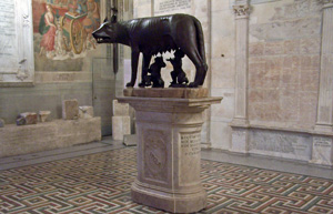 Captoline She-Wolf, a bronze masterpiece in the Musei Capitolini, Rome, Italy.